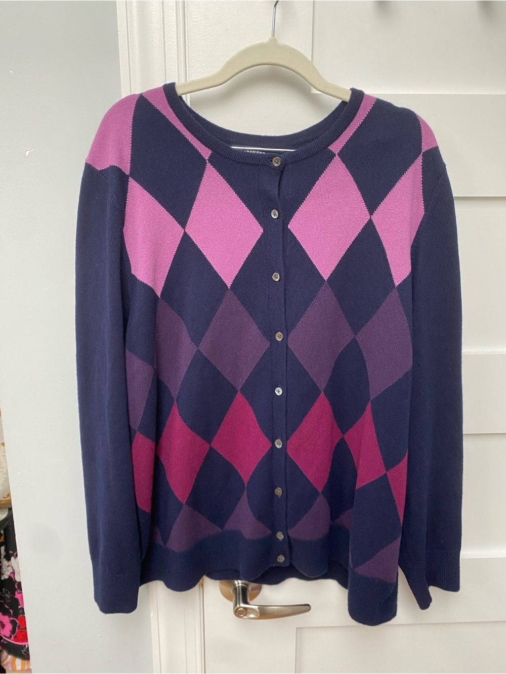 Cashmere Navy and Pink Argyle Button-Front Women's Sweater plus size